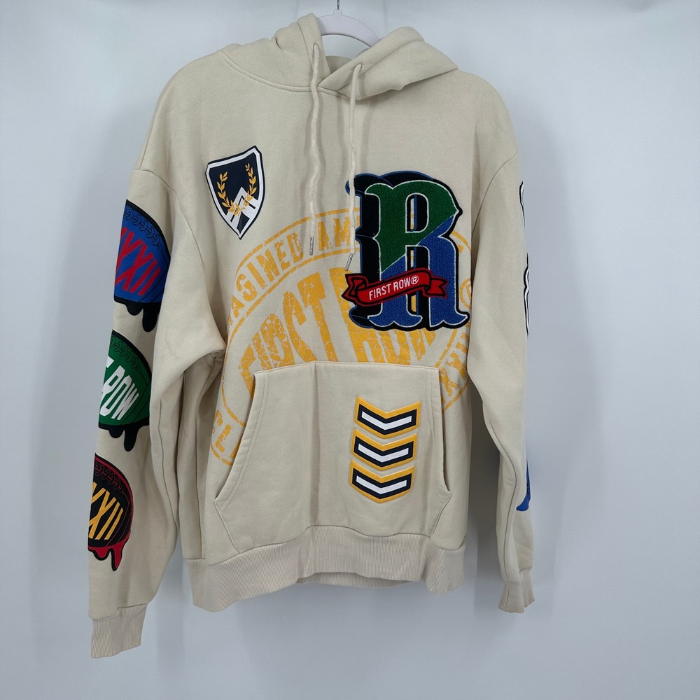 First Row Mens Streetwear Hoodie Size S Patches Graphic Logo Urban Hip‎ Hop